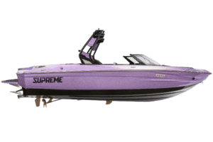 A purple S220 boat featuring the word supreme on it.