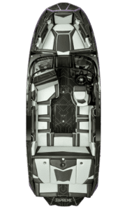 The interior of a black Supreme S220 boat.