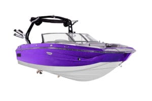 A purple and white 2026 Supreme S220 powerboat with a black wake tower and silver accents, displayed on a white background.