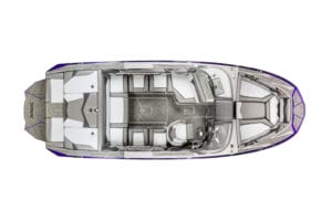 Top-down view of a 2026 Supreme S220 speedboat with white and gray seats, a central captain’s chair, steering console, and spacious open areas at the bow and stern.