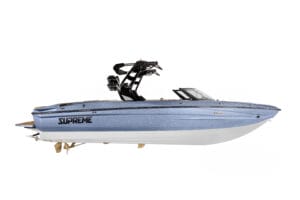A blue and white motorboat with a black wakeboard tower, labeled "Supreme S240," shown isolated on a white background.