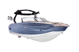 Blue and white Supreme S240 motorboat with a black wakeboard tower, windshield, and seating area, isolated on a white background.
