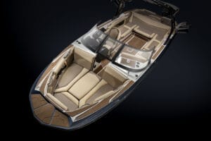 Top view of the Supreme Boats S240 with beige cushioned seating, wood-like flooring, and an open bow layout, shown on a dark background.