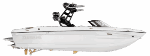 Side view of a white Supreme S220 motorboat labeled "SUPREME," featuring a black wakeboard tower and visible propeller beneath the rear.