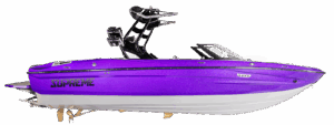 A purple 2026 Supreme Towboats S220 speedboat with a white hull, black windshield, and wakeboard tower, shown from the side on a white background.
