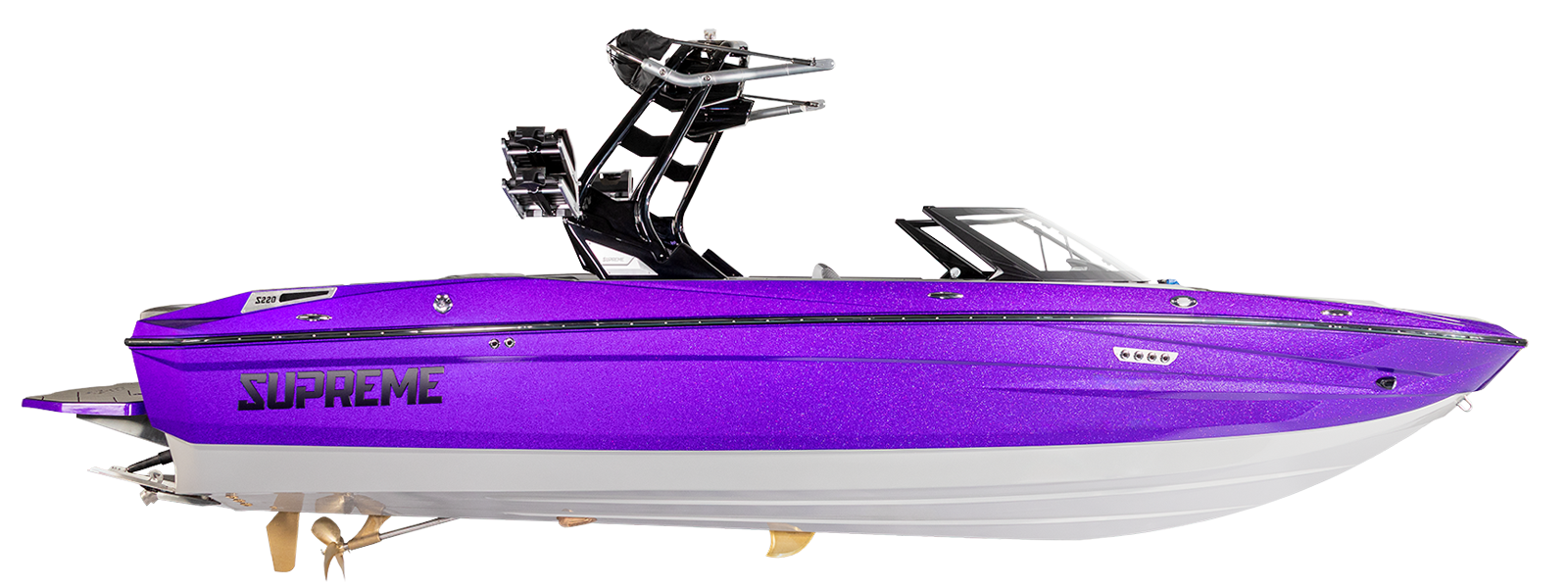 A purple 2026 Supreme Towboats S220 speedboat with a white hull, black windshield, and wakeboard tower, shown from the side on a white background.