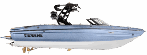 A blue 2026 Supreme S240 motorboat with a sleek design, black wakeboard tower, and visible propellers is shown in profile on a white background.