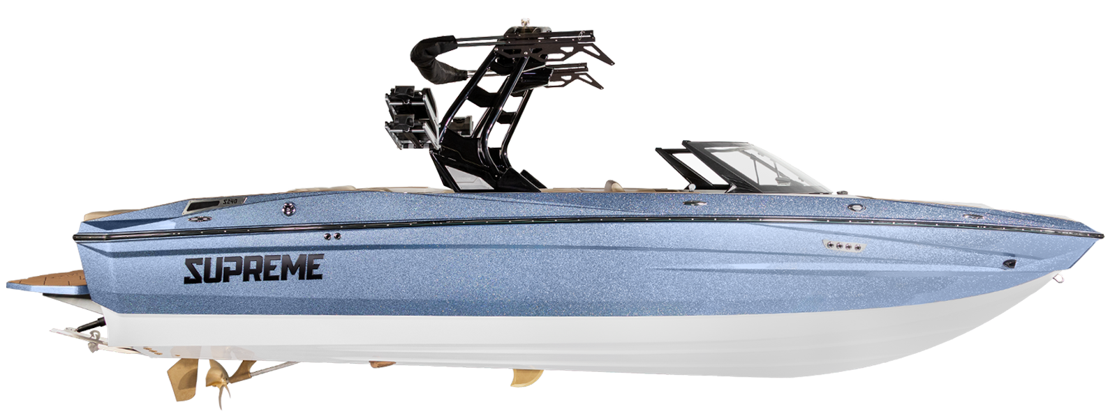 A blue 2026 Supreme S240 motorboat with a sleek design, black wakeboard tower, and visible propellers is shown in profile on a white background.