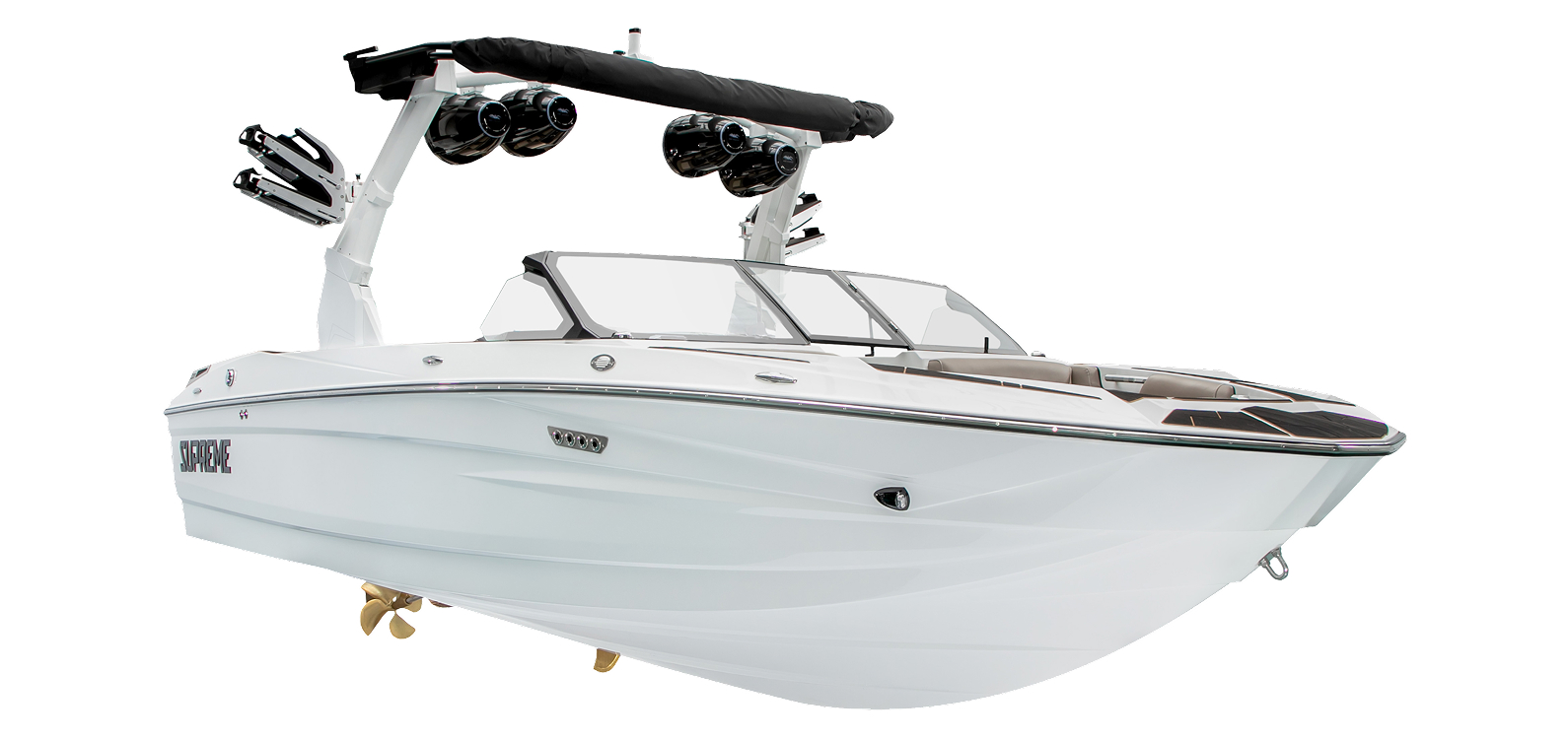 White Supreme Towboats S220 speedboat with a black wakeboard tower, four speakers, glass windshield, and comfortable seating area, shown on a white background.