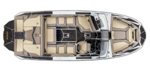 Top view of a luxury Supreme S220 speedboat with tan and black seats, open bow seating area, central cockpit, and lounging space at the rear.