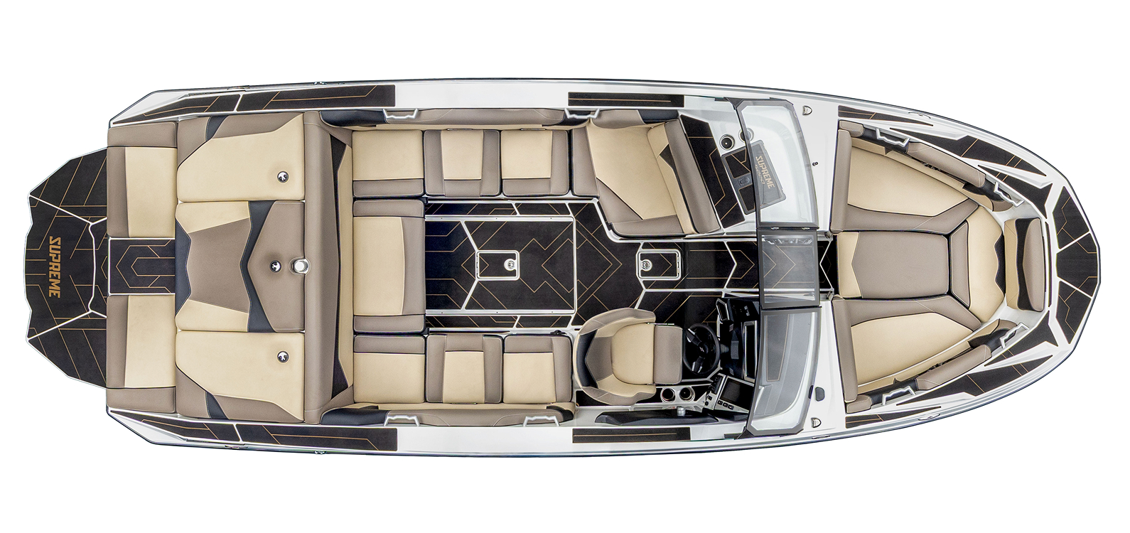 Top view of a luxury Supreme S220 speedboat with tan and black seats, open bow seating area, central cockpit, and lounging space at the rear.