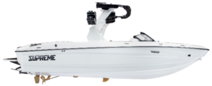 A white Supreme S220 speedboat with a tower and wakeboard rack, viewed from the side against a plain white background.
