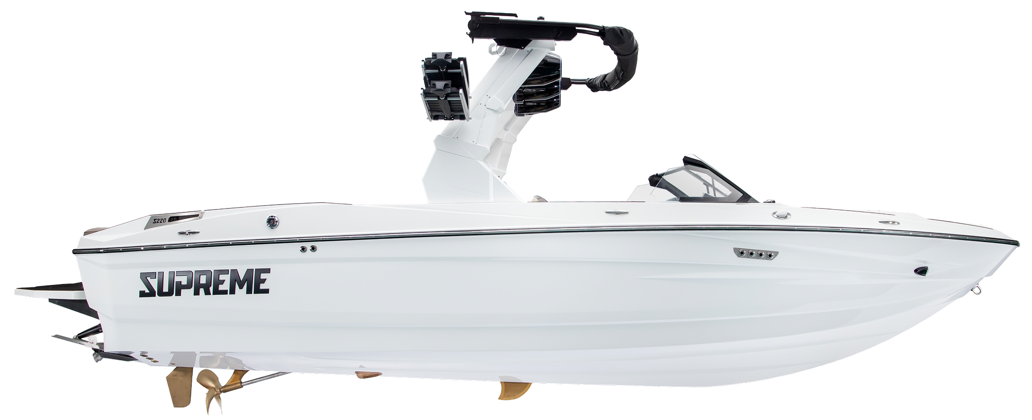 A white Supreme S220 speedboat with a tower and wakeboard rack, viewed from the side against a plain white background.