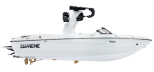 A white motorboat named “SUPREME” with a black tower and propellers, identified as the Supreme Towboats S220, is shown in profile view on a plain background.