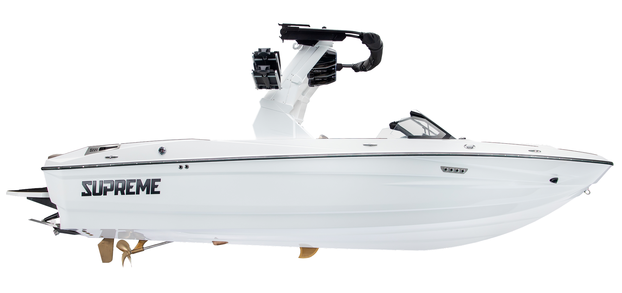 A white motorboat named “SUPREME” with a black tower and propellers, identified as the Supreme Towboats S220, is shown in profile view on a plain background.