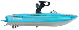 A turquoise Supreme S240 speedboat with a tower and no visible passengers, isolated on a white background.