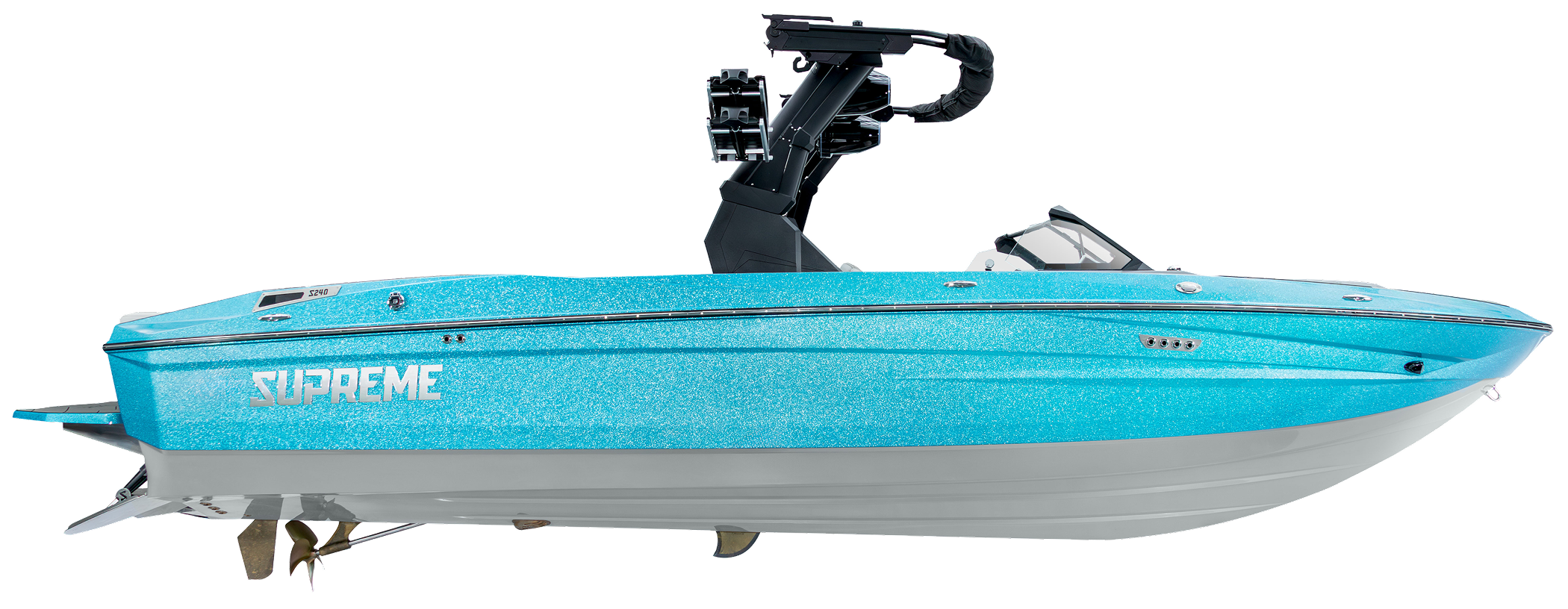 A turquoise Supreme S240 speedboat with a tower and no visible passengers, isolated on a white background.
