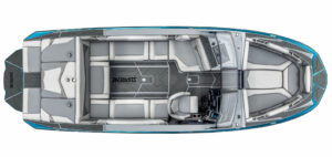Top-down view of a modern Supreme Boats S240 speedboat with grey and white cushioned seats, open bow area, cockpit with controls, and “Supreme” branding on the floor.