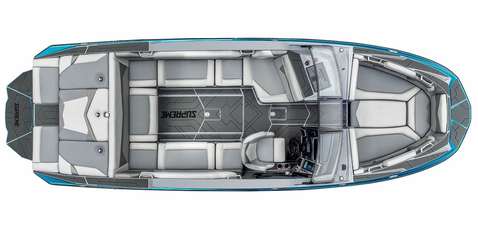 Top-down view of a modern Supreme Boats S240 speedboat with grey and white cushioned seats, open bow area, cockpit with controls, and “Supreme” branding on the floor.