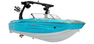 A blue and white motorboat, the Supreme S240, features a wakeboard tower, two large speakers, and a spacious seating area, shown against a white background.