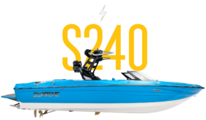 A bright blue Supreme S240 boat with a white hull and black accents is shown against a white background with the text "S240" in large yellow letters behind it, capturing the essence of Supreme Towboats’ renowned craftsmanship.