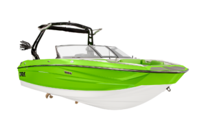 A bright green Supreme Towboats S220 motorboat with a black wakeboard tower and seating is shown isolated on a white background.