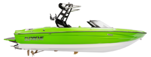 A green and white S220 with the brand name "Supreme S220" displayed on the side, featuring a sleek design and modern wakeboard tower.