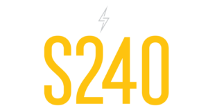 An image featuring a yellow "S240" text with a small lightning bolt icon above it on a black background, embodying the sleek design of Supreme Boats S240.