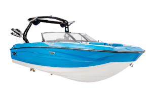 A blue and white Supreme S240 speedboat with seating and a wakeboard tower, shown on a white background.