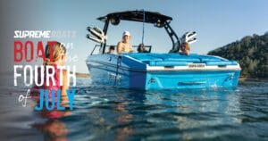 A group of people relax on a blue boat in a lake, with "Supreme Boats 4th of July Independence Day Sale" text displayed on the image.