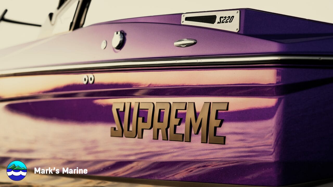 Close-up of a purple Supreme Boats vessel with 