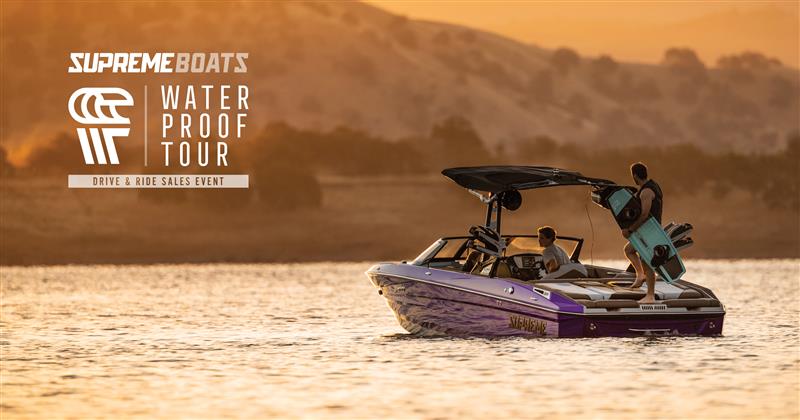 A purple and white speedboat with two people, one holding a wakeboard, glides on a lake at sunset; the Supreme Water Proof Tour Sales Event 2026 logo appears on the left.