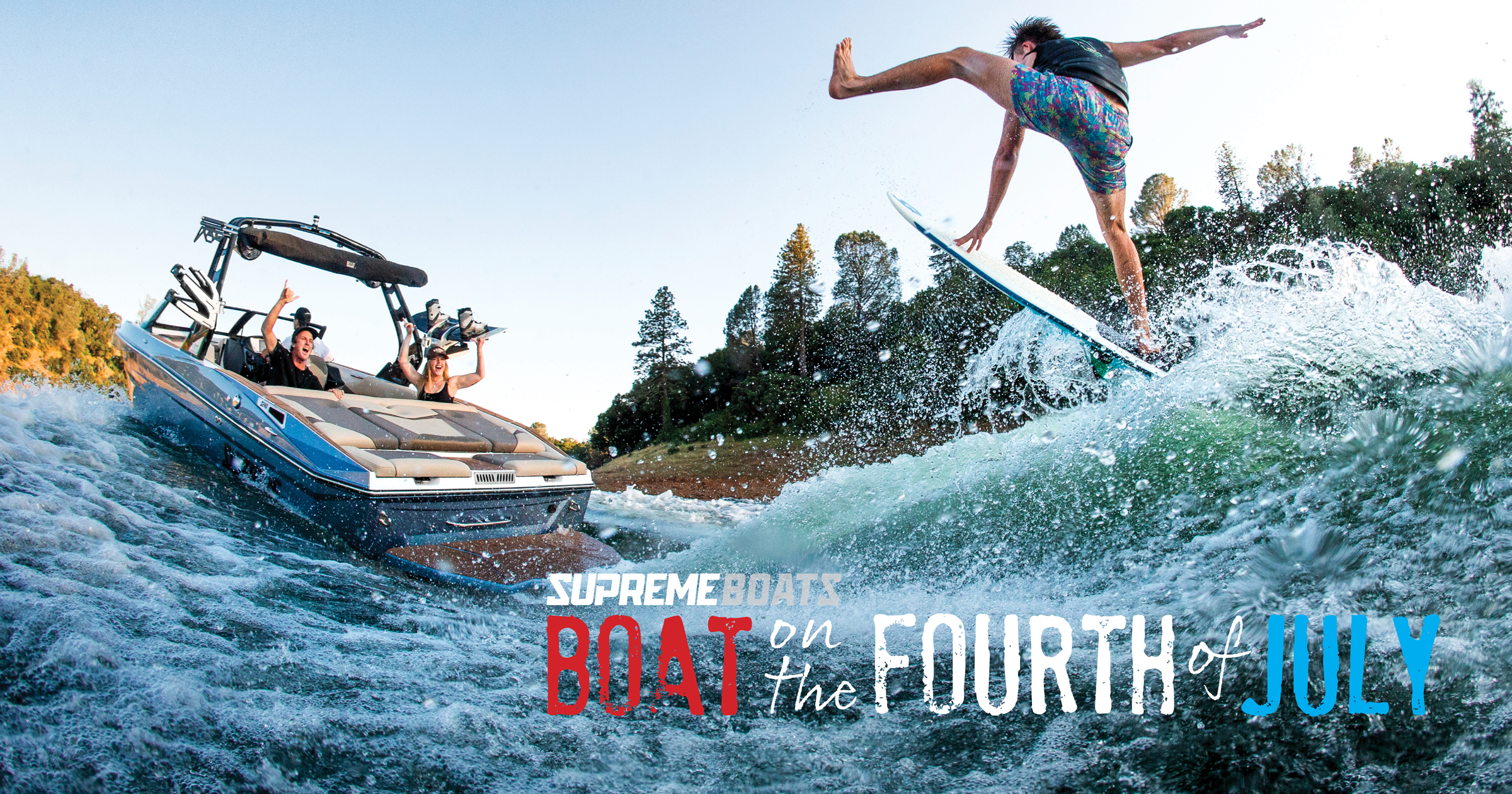 A person wakeboarding jumps near a Supreme Boat with passengers taking photos on a tree-lined lake; text reads,