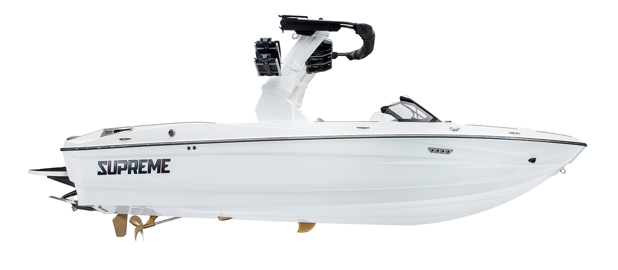 White speedboat with the word “SUPREME” on the side, shown isolated on a plain background, featuring a wakeboard tower and seating area—an exceptional example of Supreme Wake Boats engineering, perfectly designed for any wakeboat enthusiast.