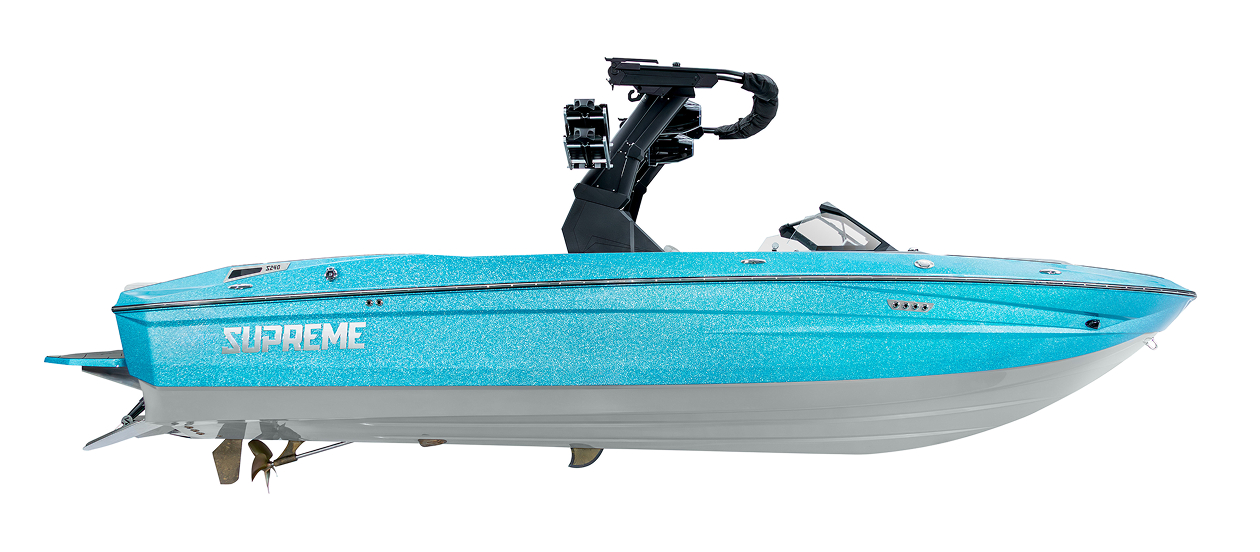 A blue Supreme Boats motorboat with a black wakeboard tower, seen from the side on a white background.