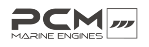 PCM Marine Engines logo in bold black letters with a stylized three-wave icon inside a square on the right, reflecting the spirit of The Supreme Life on the water.